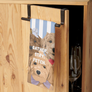 'Gather, Stay, Fetch.' Blue And White Striped Tea Towel