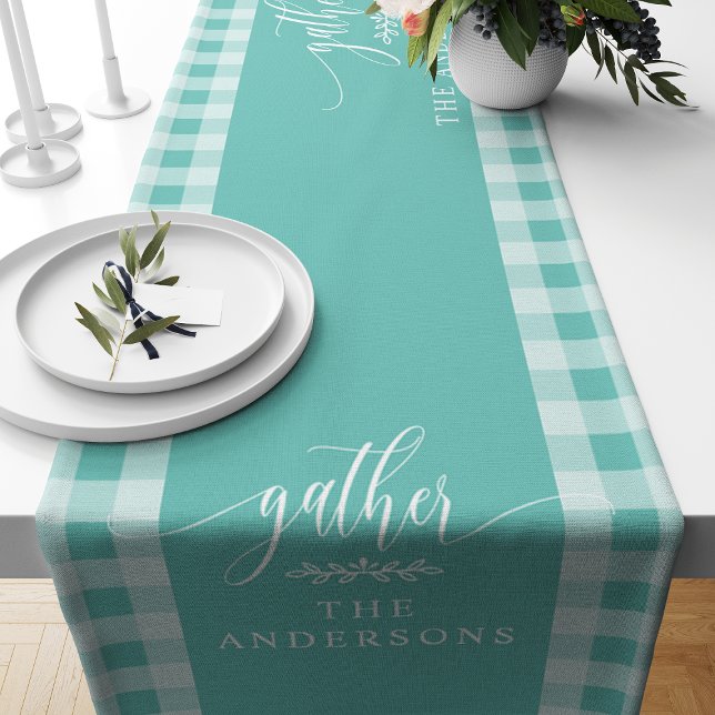 Gather Teal Buffalo Check Fall Thanksgiving Short Table Runner (Creator Uploaded)