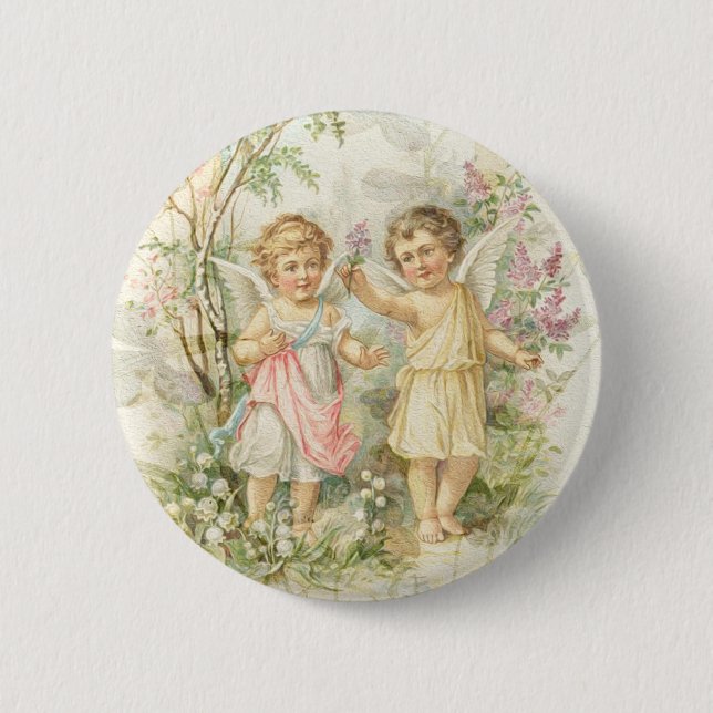 Gather - Two Angels Gathering Flowers 6 Cm Round Badge (Front)
