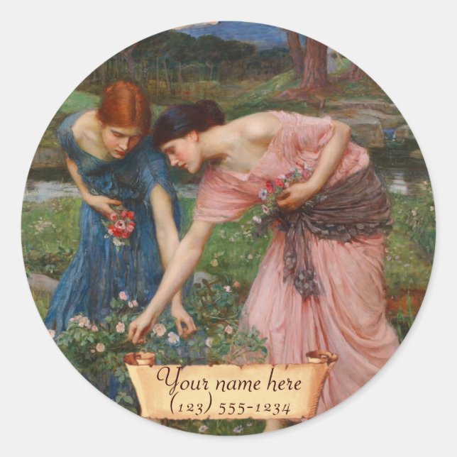 "Gather Ye Rosebuds" Pre-Raphaelite Bookplate Classic Round Sticker (Front)