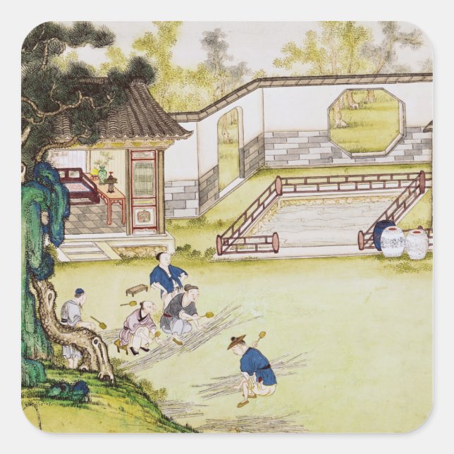 Gathering bamboo to make paper square sticker (Front)