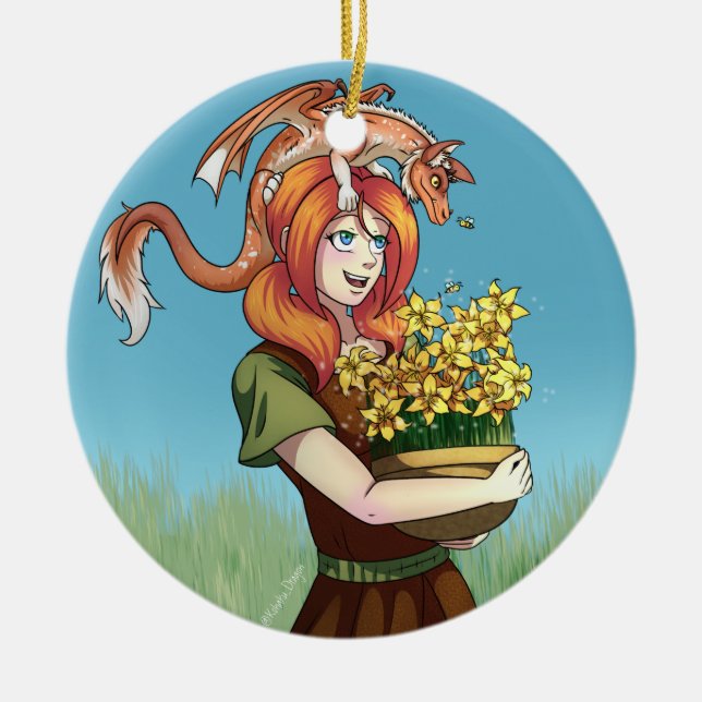 Gathering Flowers with a Dragon Ceramic Ornament (Front)