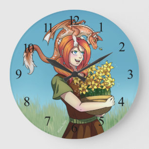 Gathering Flowers with a Dragon Large Clock