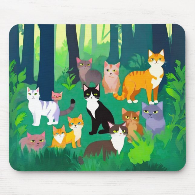 Gathering of Cats in a Shady Forest Glade Mouse Pad (Front)