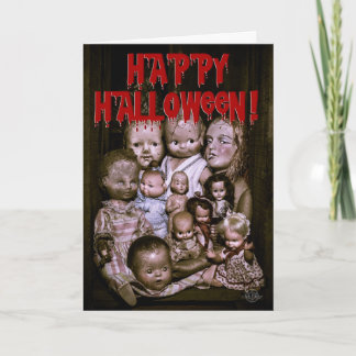 Gathering of creepy Halloween dolls. Card