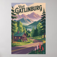 Gatlinburg Tennessee Cabin Travel Art Vintage