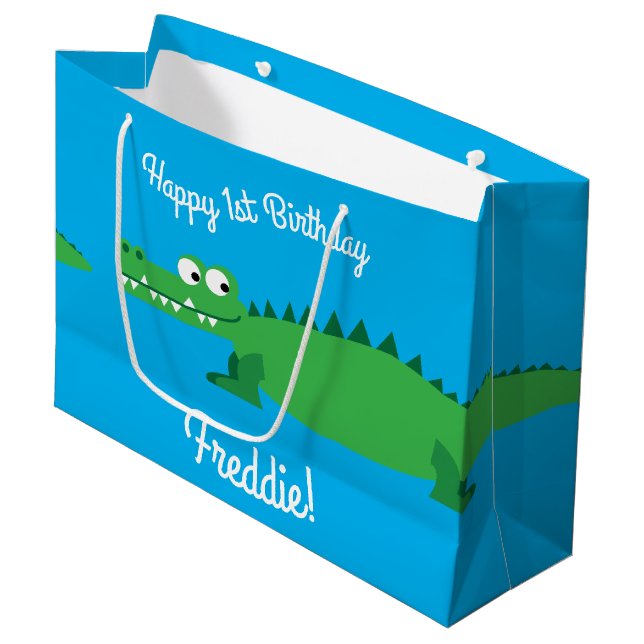Gator Alligator Crocodile Kids 1st Birthday Party Large Gift Bag (Front Angled)