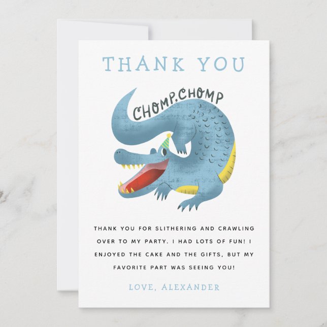 Gator Theme Birthday Party Blue Thank You Card (Front)