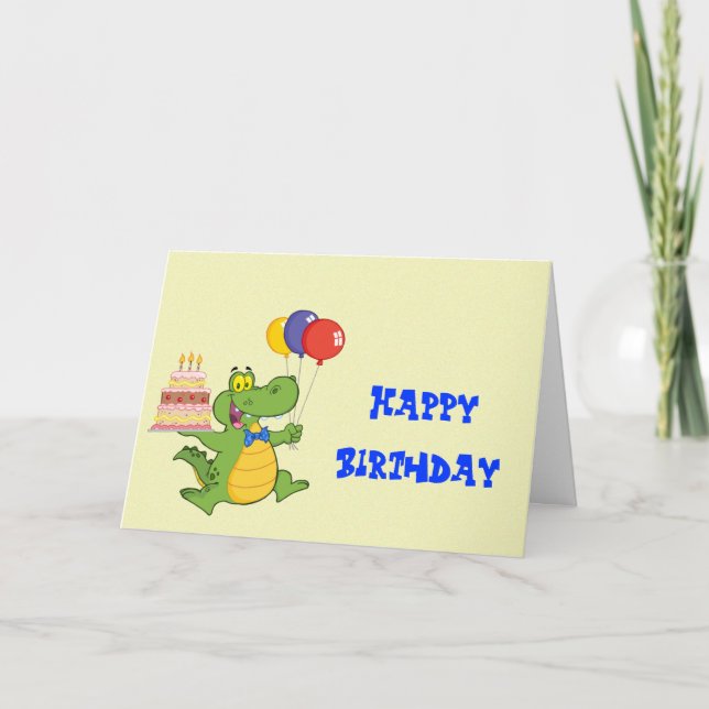 Gator with Balloons and Cake Kids Birthday Cards (Front)