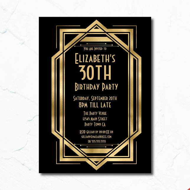 Gatsby 1920s Art Deco Black | Gold 30th Birthday Invitation (Creator Uploaded)