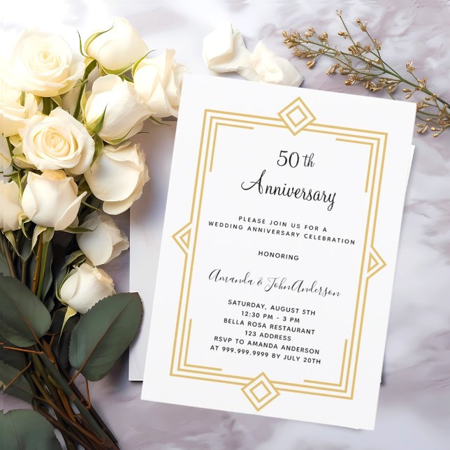 Gatsby 1920's white gold 50th wedding anniversary invitation (Creator Uploaded)