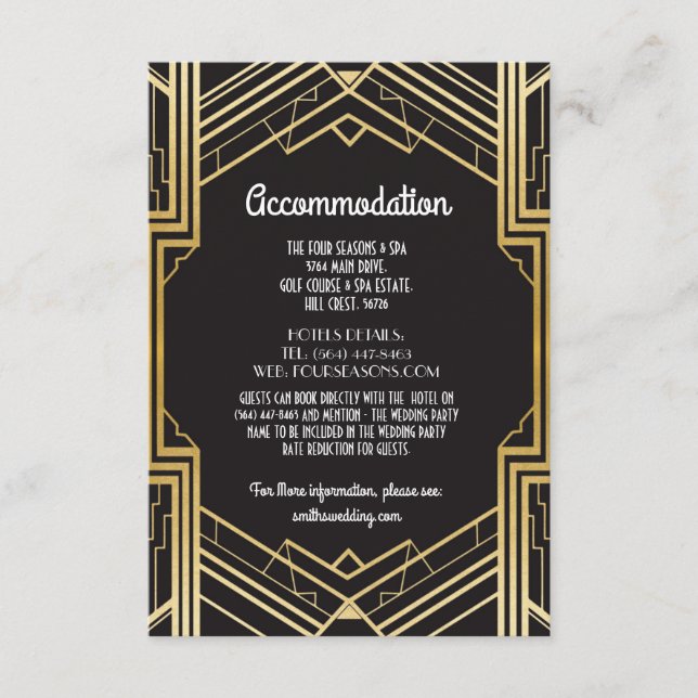 Gatsby Art Deco 1920s Accommodation Wedding Enclosure Card (Front)