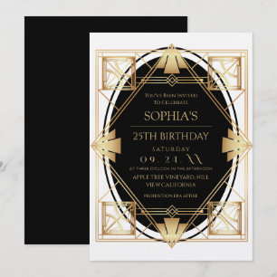 Gatsby Art Deco Black 25th Birthday Party Invitation