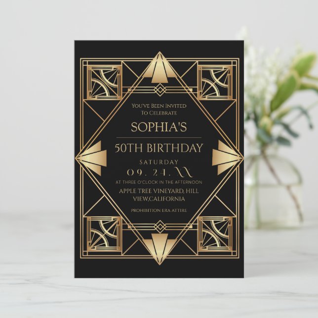 Gatsby Art Deco Black 50th Birthday Party Invitation (Standing Front)