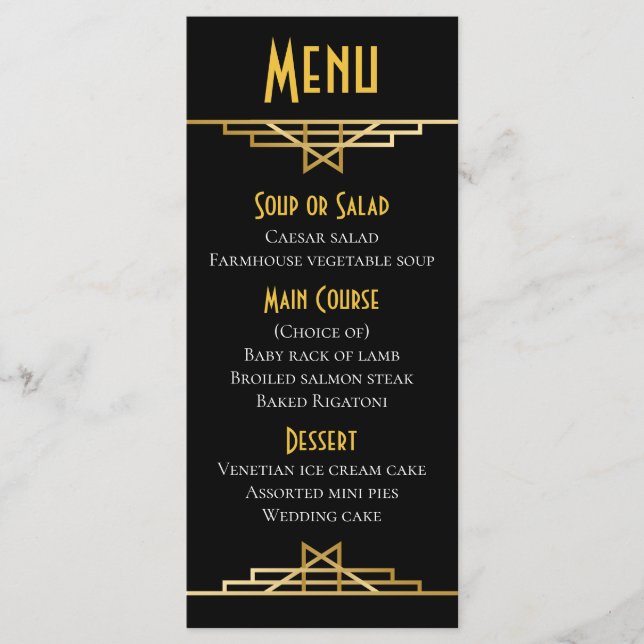 Gatsby Art Deco Menu Black & Gold Wedding Party (Front)
