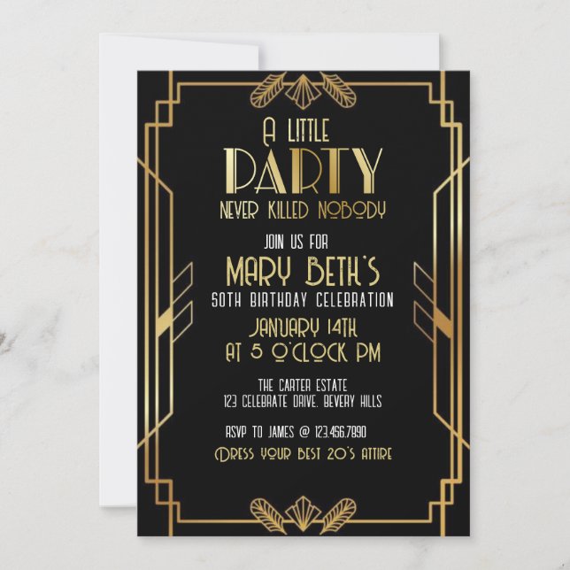 Gatsby, Art Deco, murder mystery, Soirees Invitation (Front)