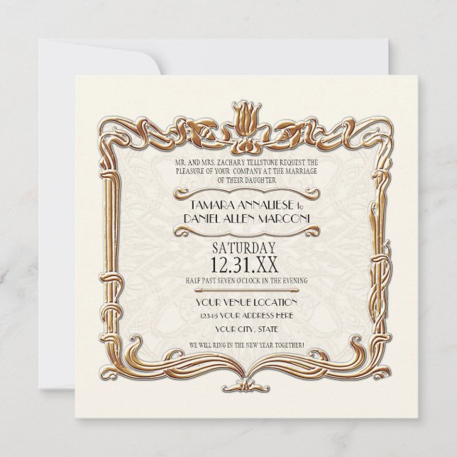 Gatsby Art Deco Nouveau Lace Faux Gold Tulip Invitation (Front)