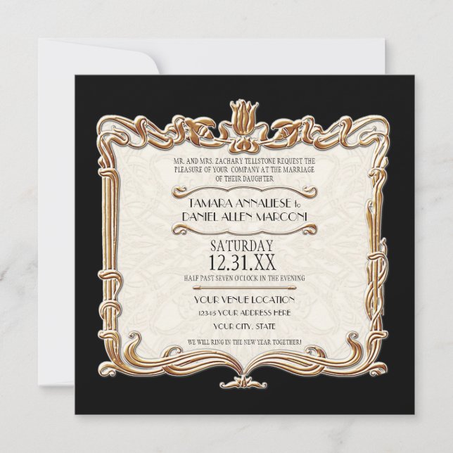 Gatsby Art Deco Nouveau Lace Faux Gold Tulip Invitation (Front)