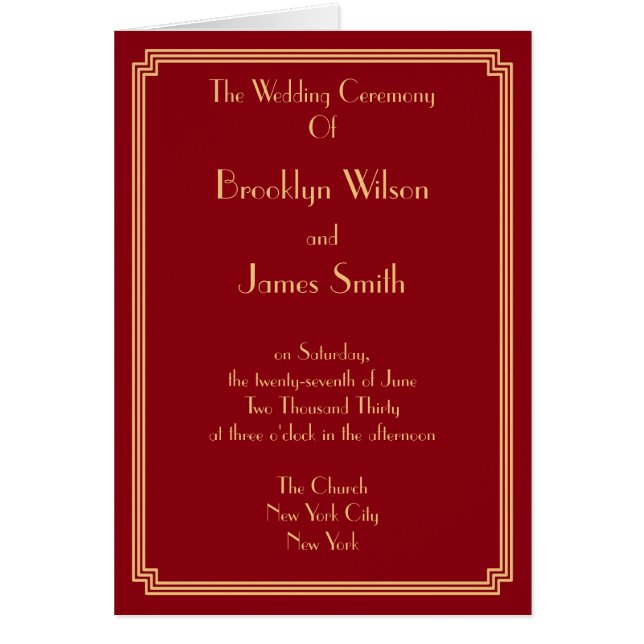 Gatsby Art Deco Red Wedding Program Note Cards (Front)