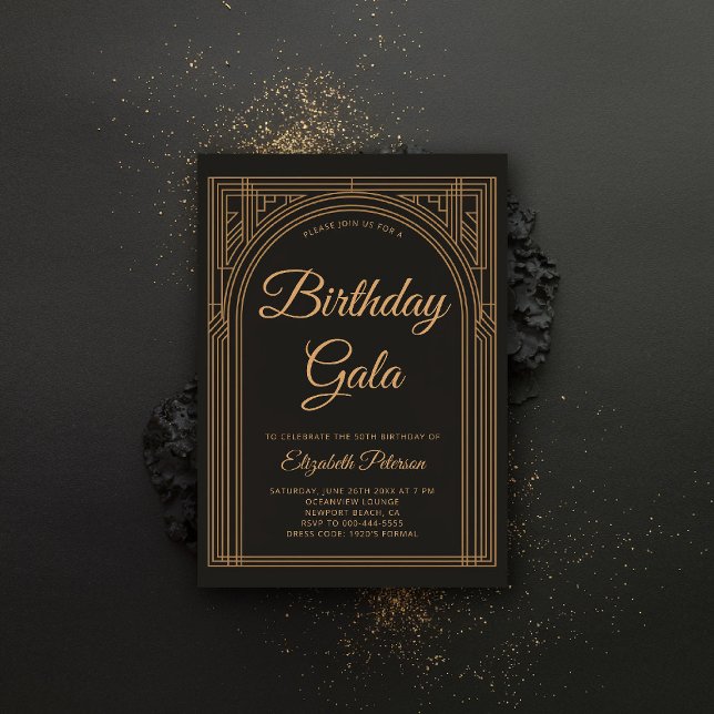 Gatsby Art Deco Roaring 20s Elegant Gold Birthday Invitation (gatsby invitation roaring 20s twenties art deco nouveau black tie gold formal business corporate)