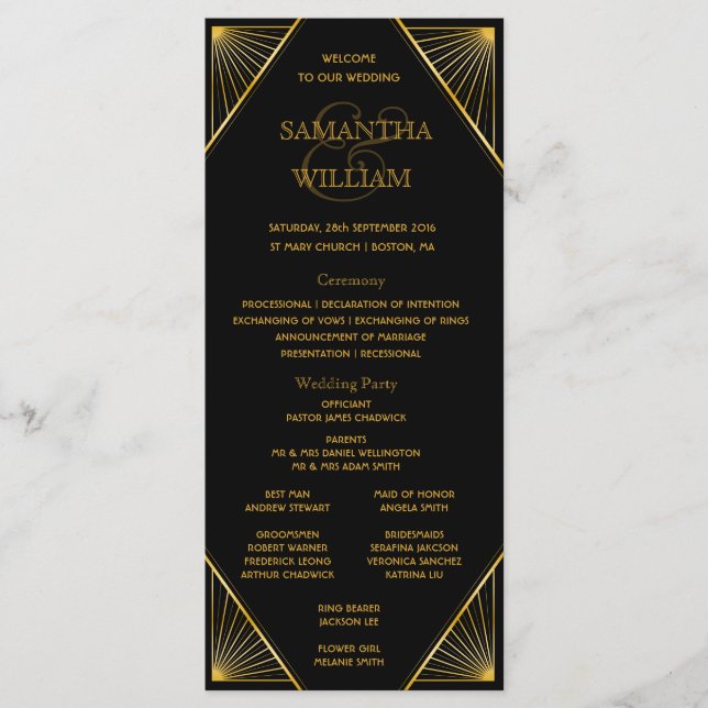 Gatsby Art Deco Wedding Timeline Program (Front)