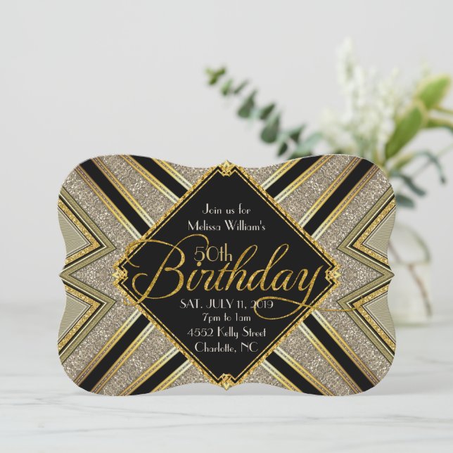 Gatsby Black and Gold 50th Birthday Invitation (Standing Front)