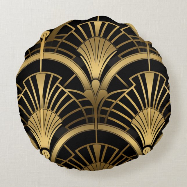 Gatsby - Black and Gold Art Deco Round Cushion (Back)