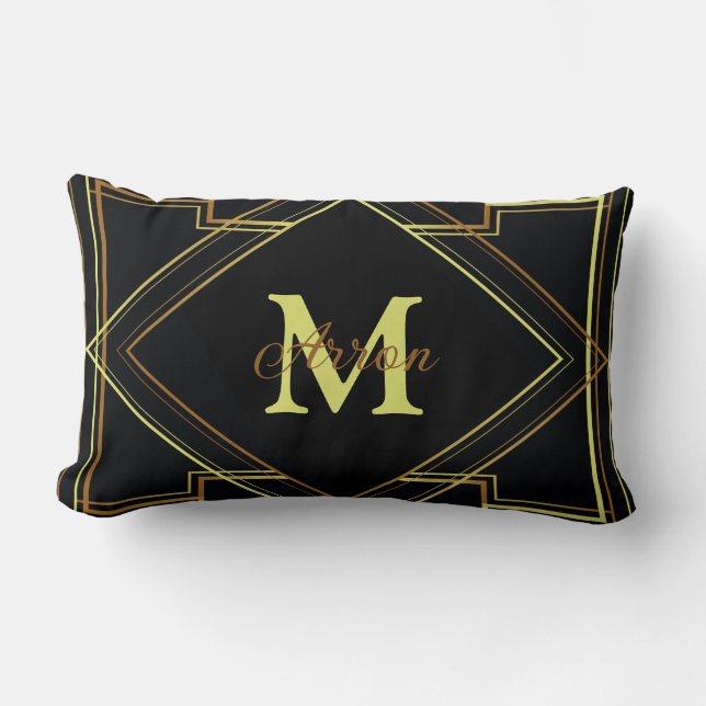 gatsby black and gold geometric pattern art deco lumbar cushion (Front)