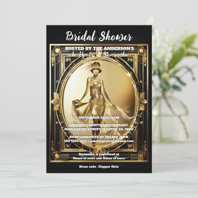 Gatsby black gold flapper girl shiny 1920's glam  invitation (Standing Front)