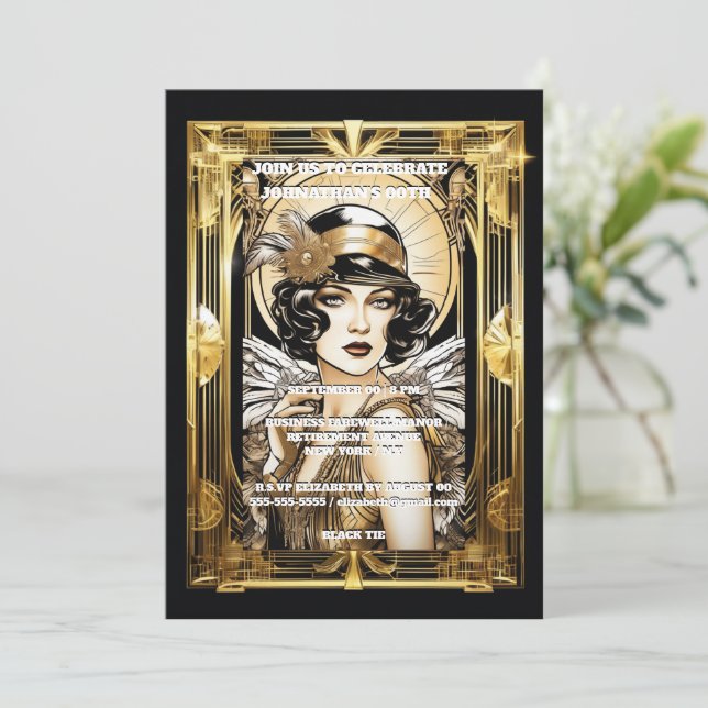Gatsby flapper girl dark hair black gold event invitation (Standing Front)