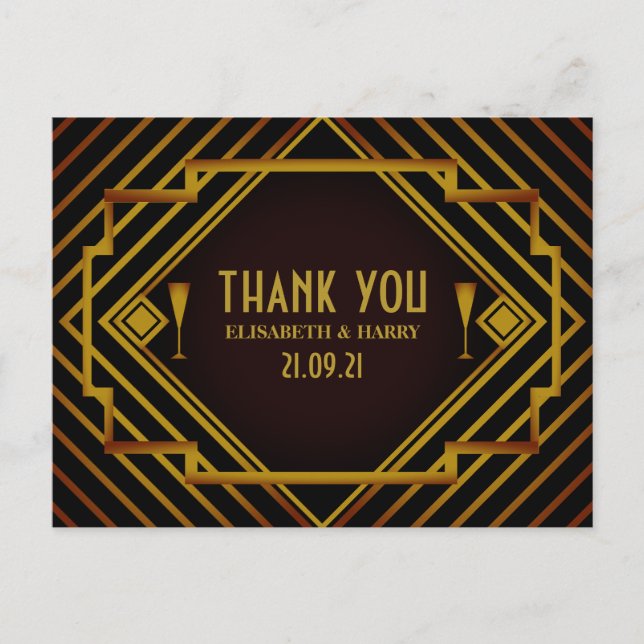 Gatsby Gold 2020's Wedding Thank You Postcard (Front)