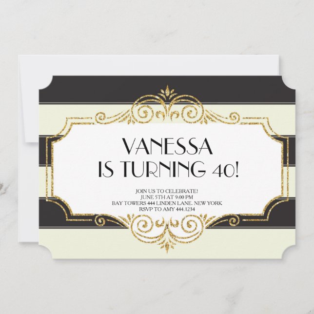 Gatsby Gold Black Glitter Birthday Invitations (Front)