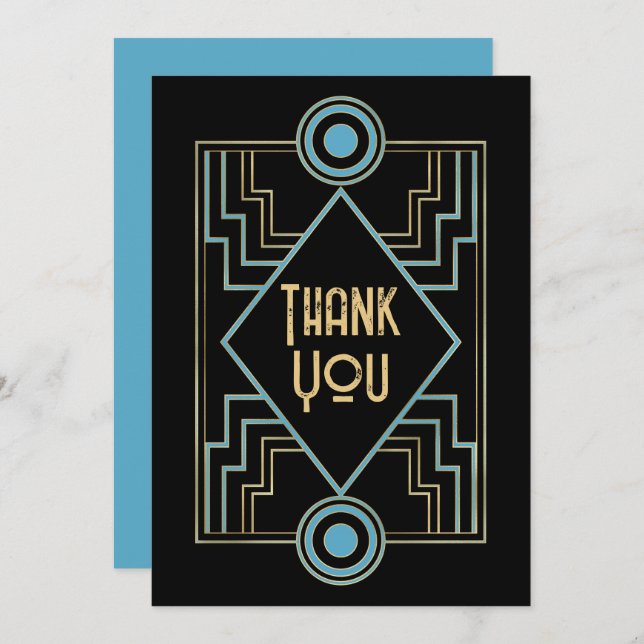 Gatsby-Inspired Art Deco Blue & Gold Wedding Photo Thank You Card (Front/Back)