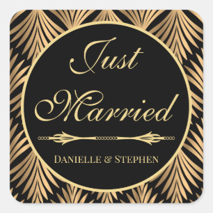 Gatsby Just Married Black Gold Art Deco Wedding Square Sticker