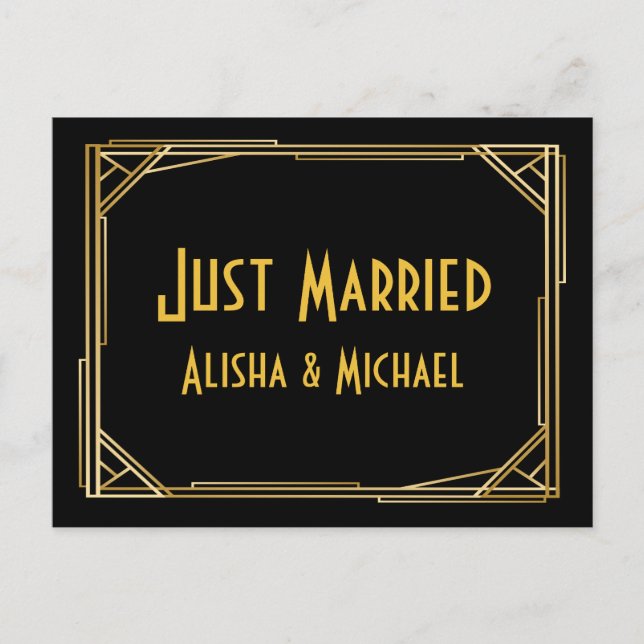 Gatsby Just Married Gold Black Art Deco Wedding Announcement Postcard (Front)