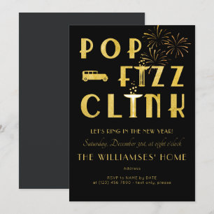 Gatsby Pop Fizz Clink Art Deco New Years Eve Black Invitation