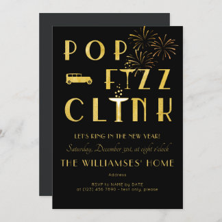 Gatsby Pop Fizz Clink Art Deco New Years Eve Black Invitation