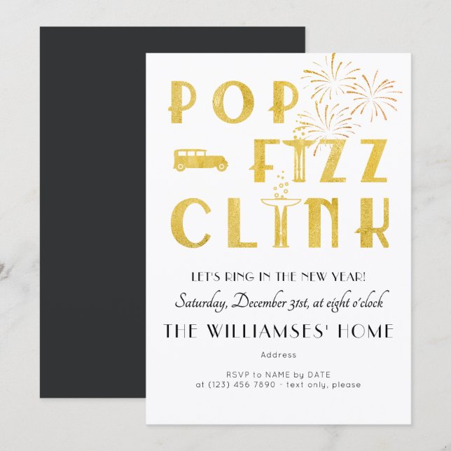 Gatsby Pop Fizz Clink Art Deco New Years Eve Party Invitation (Front/Back)