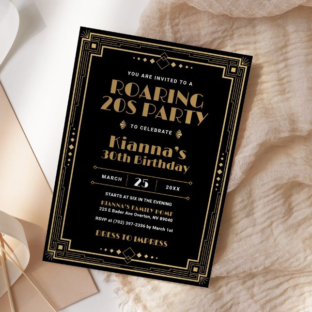 Gatsby Roaring 20s Art Deco Birthday Black Gold Invitation (Creator Uploaded)