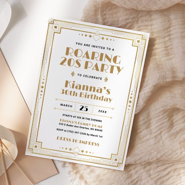 Gatsby Roaring 20s Art Deco Birthday White Gold Invitation (Creator Uploaded)