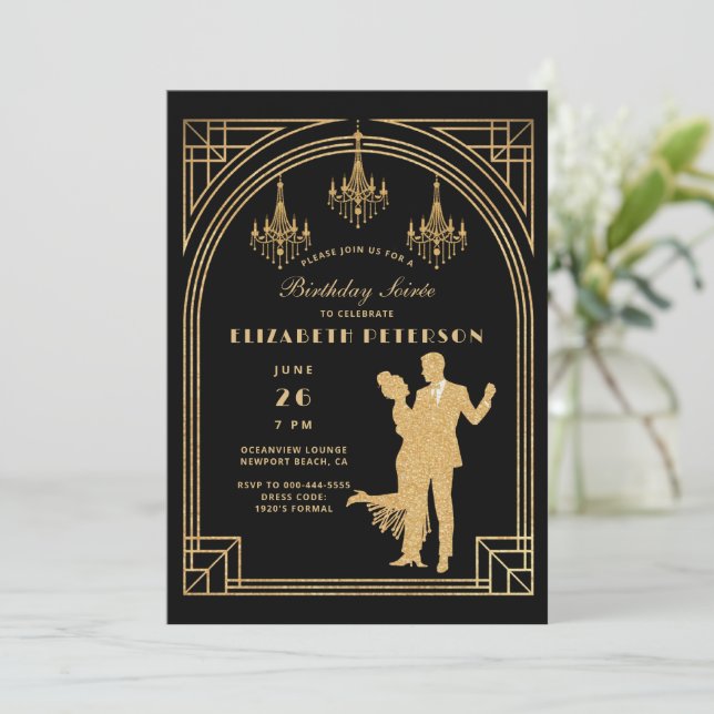 Gatsby Roaring 20s Deco Chandeliers Frame Birthday Invitation (Standing Front)