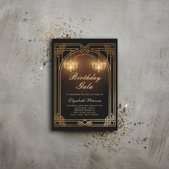 Gatsby Roaring 20s Deco Chandeliers Glow  Birthday Invitation (gatsby party invitation roaring 1920 twenties nouveau deco chandeliers elegant ball event business)