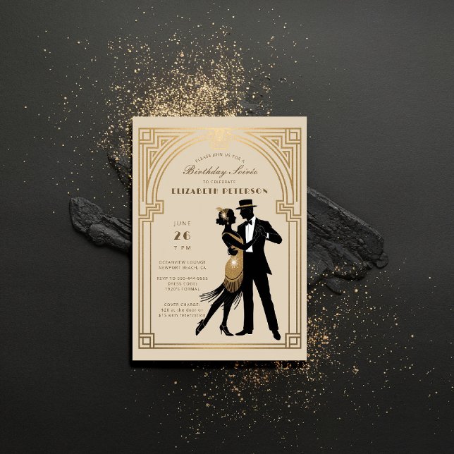 Gatsby Roaring Twenties Art Deco Beige Birthday Invitation (gatsby party invitation roaring 1920s art deco frame elegant gold business corporate event)