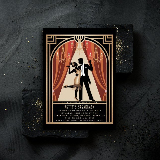 Gatsby Speakeasy Roaring 20s Deco Dance Birthday Invitation (gatsby party invitation speakeasy roaring 1920s twenties nouveau deco flapper dance gold black chic)