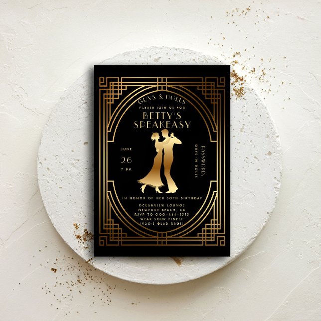 Gatsby Speakeasy Roaring 20s Gold Flapper Birthday Invitation (gatsby party invitation speakeasy roaring 1920 twenties nouveau deco flapper prohibition dance)