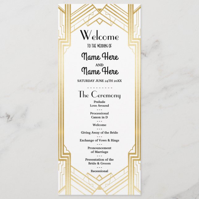 Gatsby White & Gold Art Deco 1920s Wedding Program (Front)