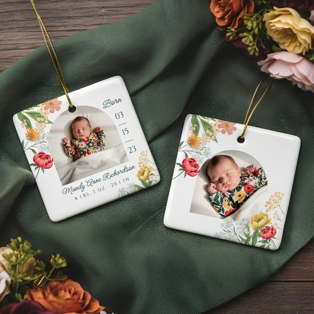 Gauche Floral Wildflower Baby Birth Stat Photo Ceramic Ornament (Gauche Floral Wildflower Baby Birth Stat Photo Ceramic Ornament)