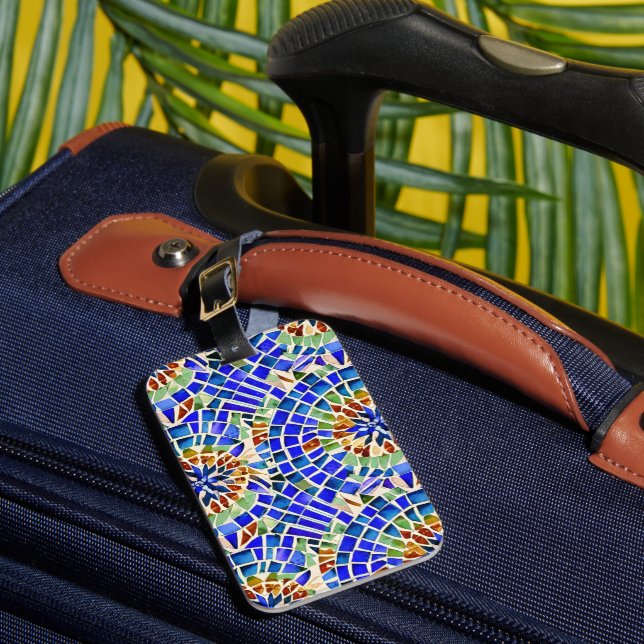 Gaudi Inspired Blue Round Shapes Mosaic Pattern Luggage Tag (Front Insitu 1)