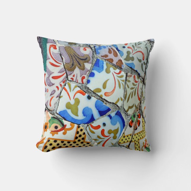 Gaudi's Park Guell Mosaic Tiles Ceramic Ornament Cushion (Front)