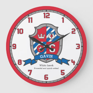 Gavin boys name meaning heraldry shield bird large clock